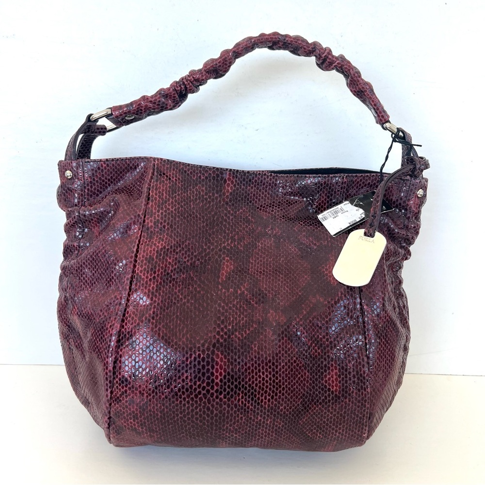 FURLA NEW Burgundy Snake Python Embossed Leather Single Handle Hobo Shoulder Bag - Picture 2 of 16